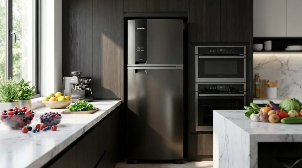 Melhor geladeira duplex Brastemp BRM55FE 463L em cozinha moderna high-end