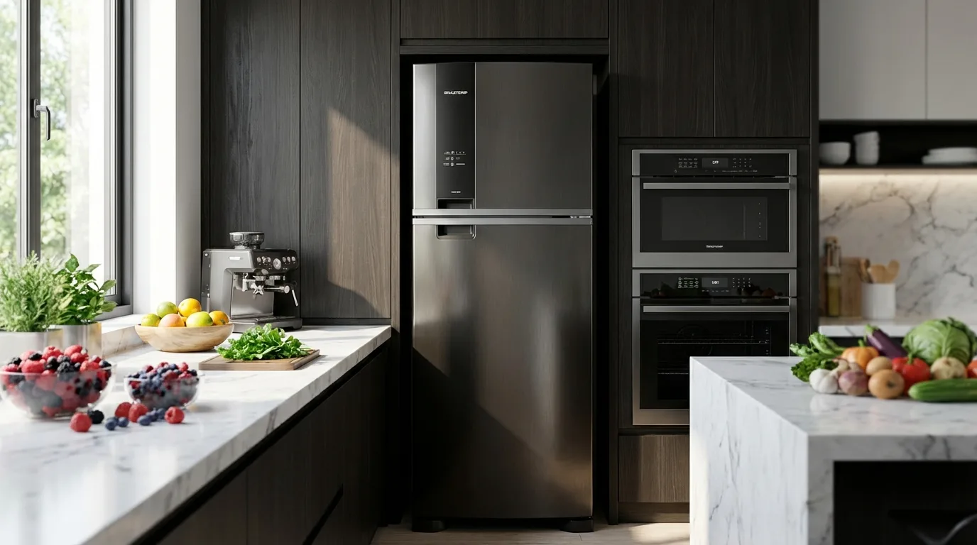 Melhor geladeira duplex Brastemp BRM55FE 463L em cozinha moderna high-end