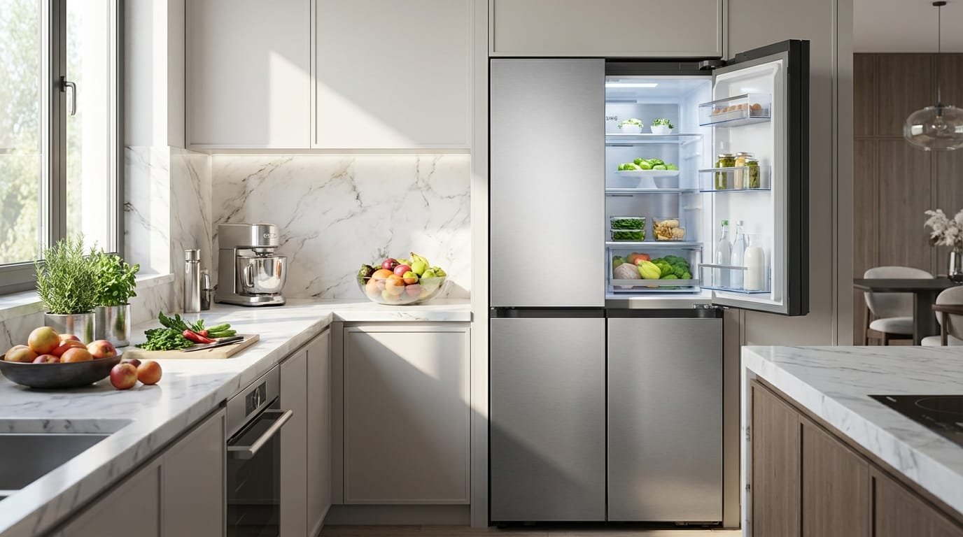 Melhor Geladeira French Door Samsung RF29D em cozinha moderna com frutas frescas