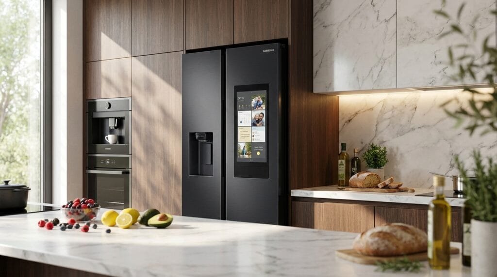 Melhor geladeira side by side Samsung Family Hub em cozinha moderna de alto padrão