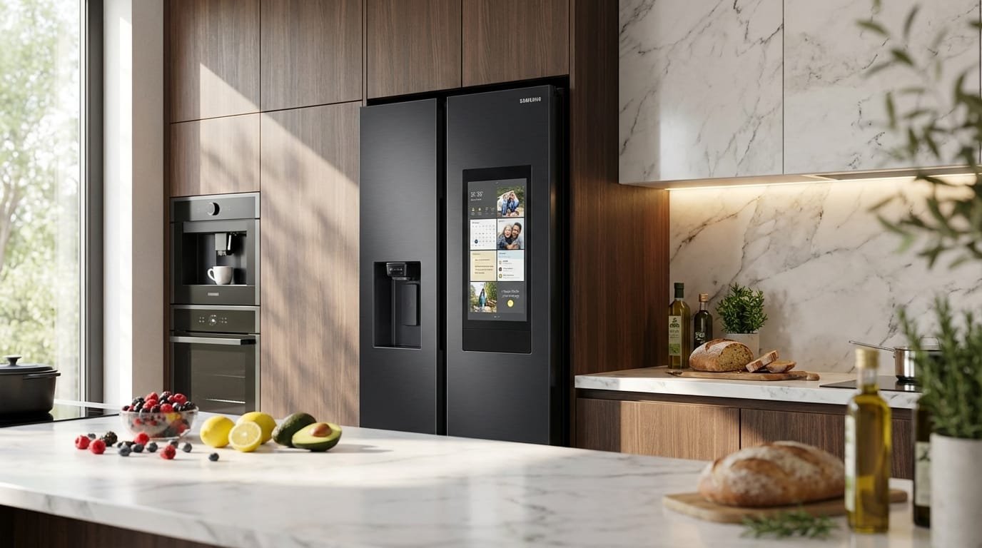 Melhor geladeira side by side Samsung Family Hub em cozinha moderna de alto padrão