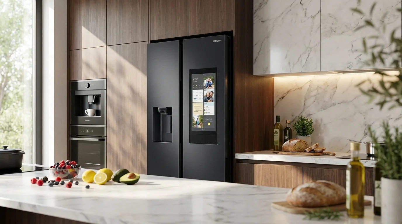 Melhor geladeira side by side Samsung Family Hub em cozinha moderna de alto padrão