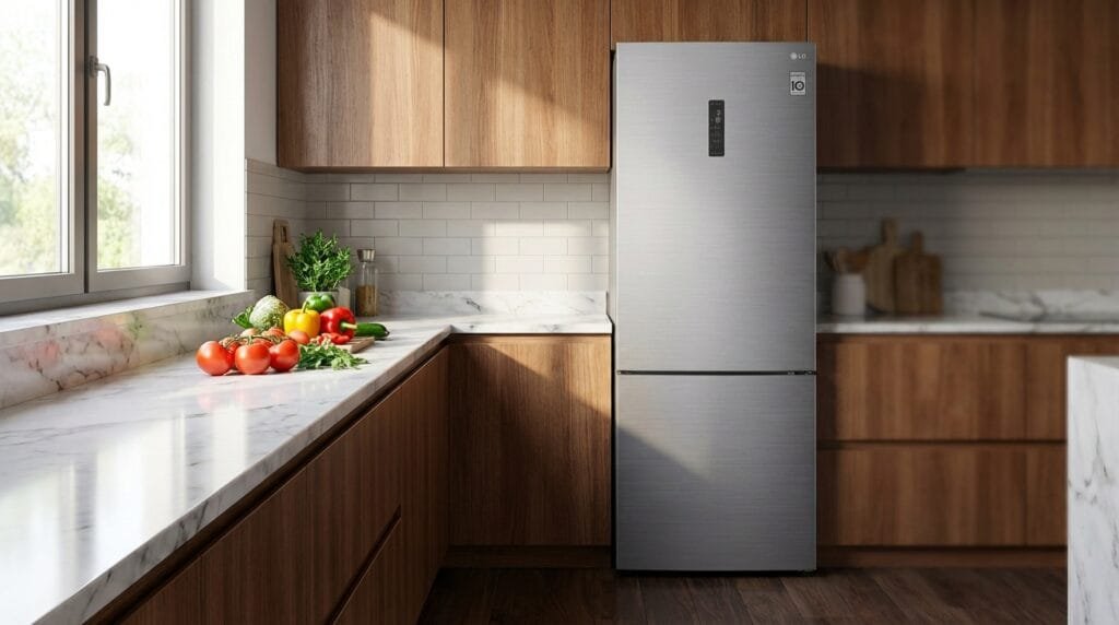 Refrigerador LG GC-B569NLLM em cozinha moderna com portas fechadas e design inverse platinum