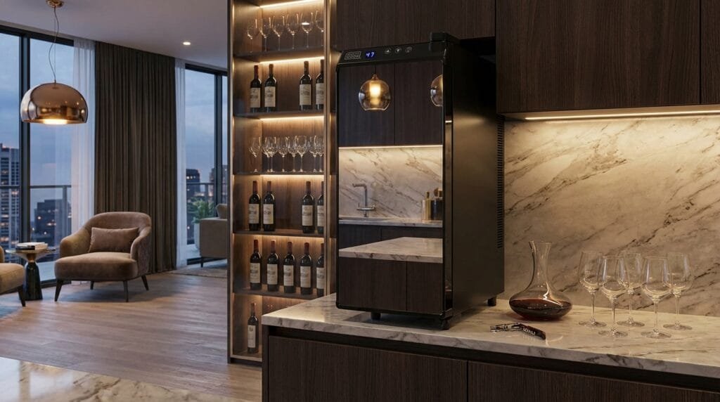 Adega Climatizada Black+Decker BD60336 em cozinha moderna com garrafas de vinho iluminadas