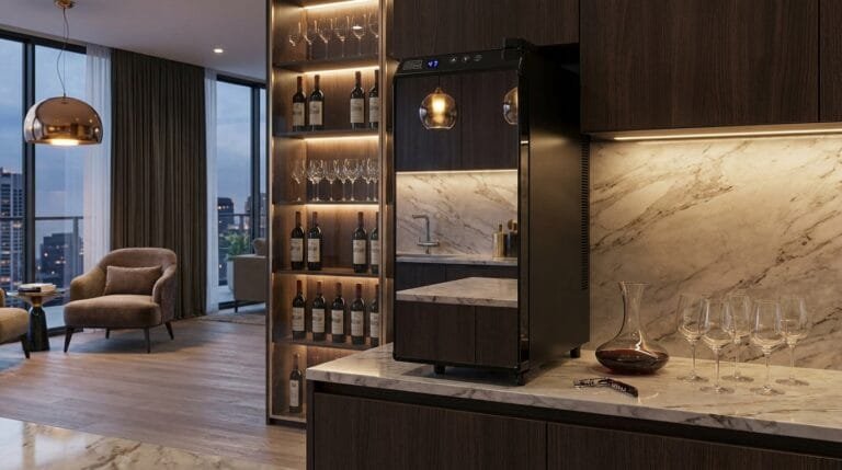 Adega Climatizada Black+Decker BD60336 em cozinha moderna com garrafas de vinho iluminadas