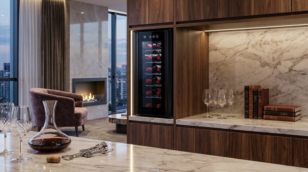 Adega Climatizada Brastemp BZC12BE em bar gourmet moderno com vinhos iluminados por LED.