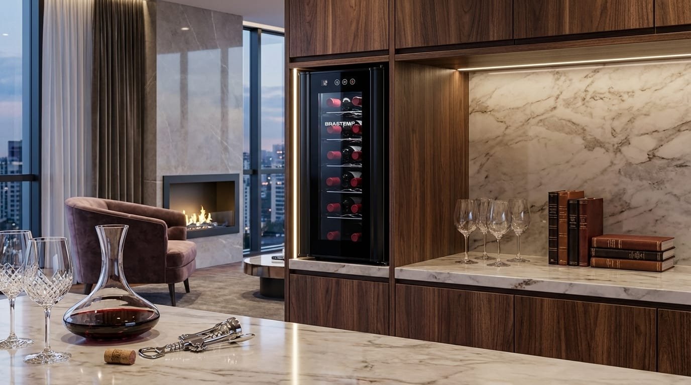 Adega Climatizada Brastemp BZC12BE em bar gourmet moderno com vinhos iluminados por LED.