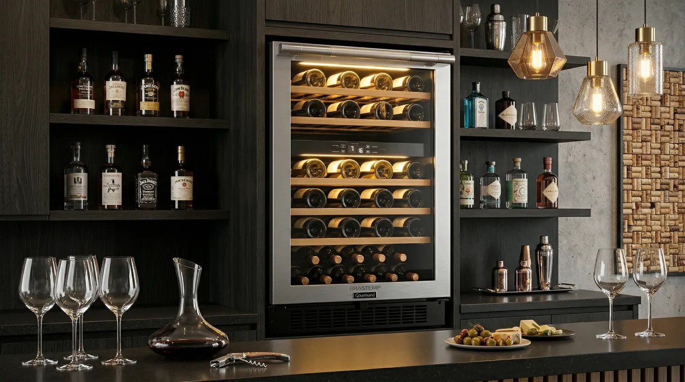 Adega Climatizada Brastemp Gourmand BZB51AE em bar gourmet moderno com garrafas iluminadas