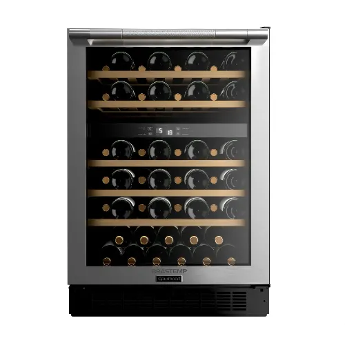 Adega Brastemp Gourmand BZB51AE vertical com garrafas em prateleiras madeira e luz LED