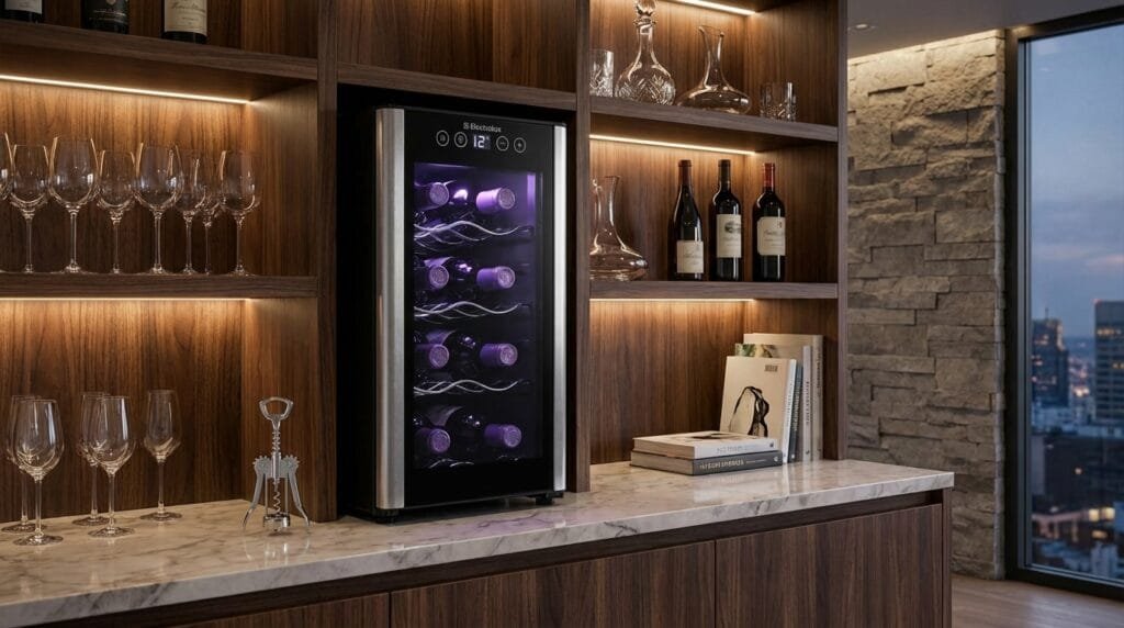 Adega Climatizada Electrolux ACB08 em cozinha moderna com garrafas de vinho iluminadas por LED