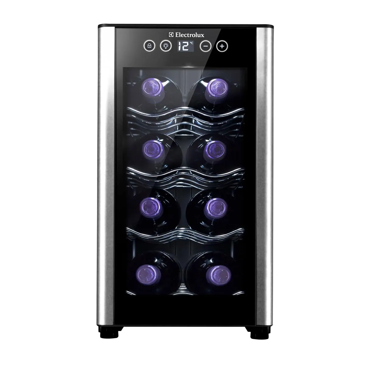 Adega Climatizada Electrolux ACB08 acabamento alumínio escovado com garrafas de vinho e luz LED interna