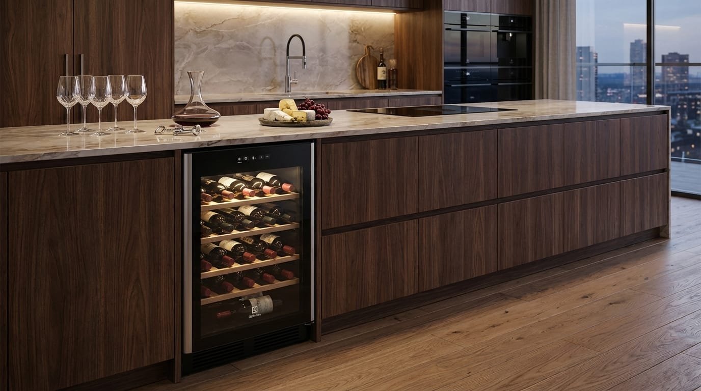 Adega Climatizada Electrolux WSF34 em cozinha gourmet moderna com vinhos iluminados por LED