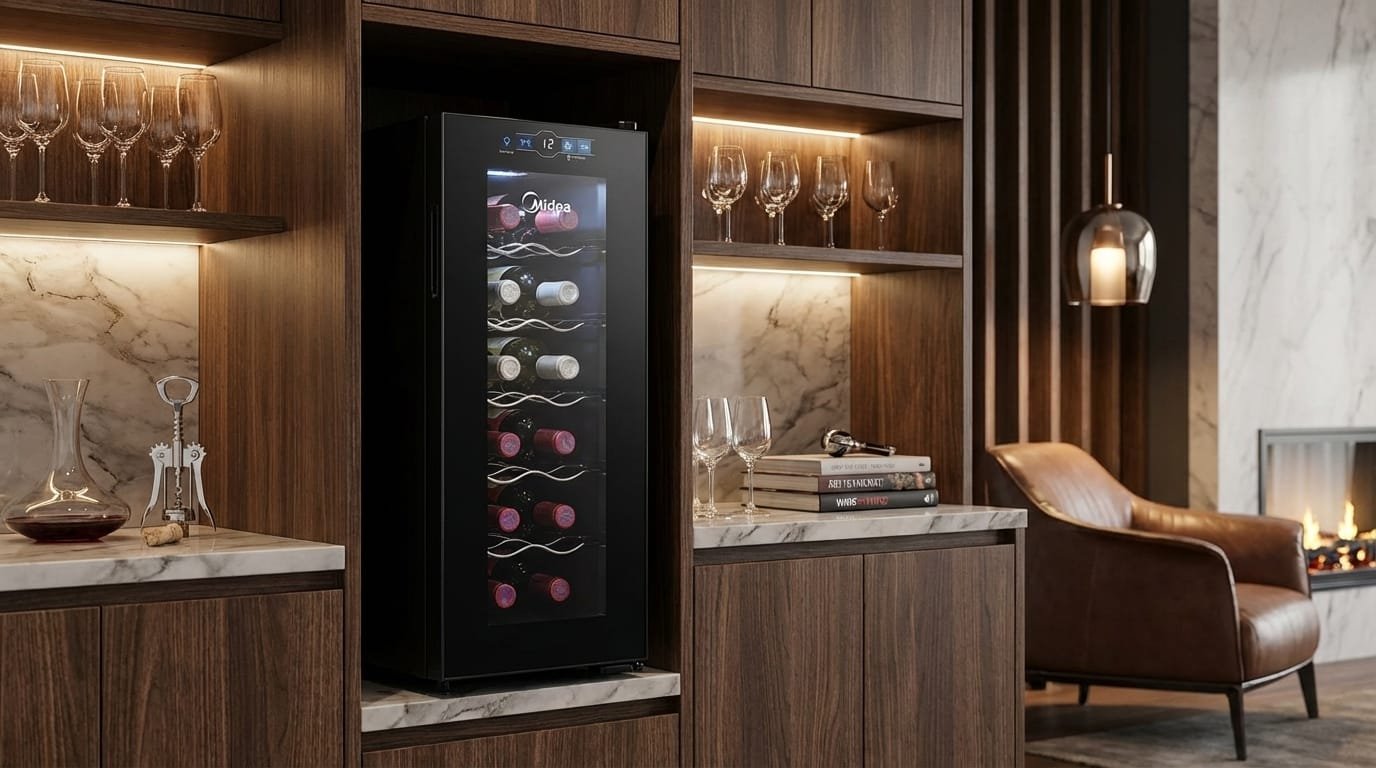 Adega Climatizada Midea MDRW066FGGGL3 em cozinha moderna com vinhos bordaleses