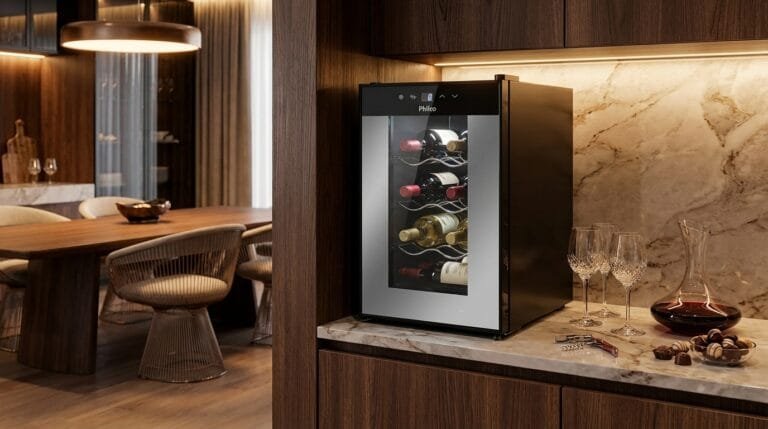 Adega Climatizada Philco PAD8 em ambiente de sala moderna com garrafas de vinho iluminadas por LED