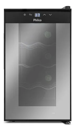 Adega Climatizada Philco PAD8 preta com porta vidro duplo, prateleiras cromadas e garrafas de vinho iluminadas por LED