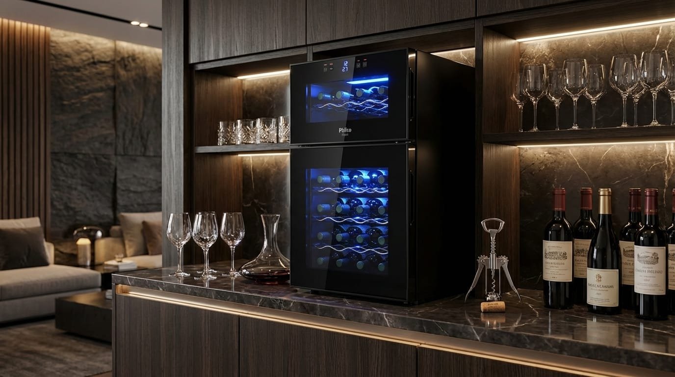 Adega Climatizada Philco PH24DZ em uma cozinha moderna, com garrafas de vinho em suas prateleiras iluminadas.