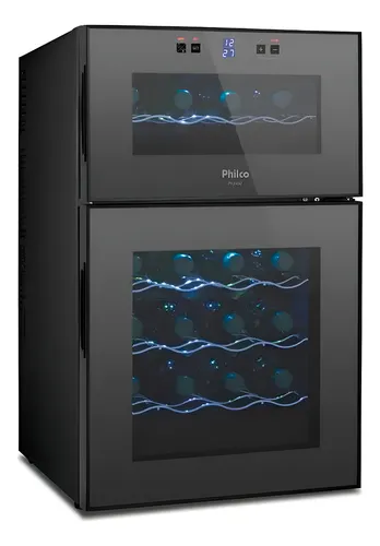 Adega Philco PH24DZ com porta de vidro duplo, prateleiras cromadas e iluminação LED interna