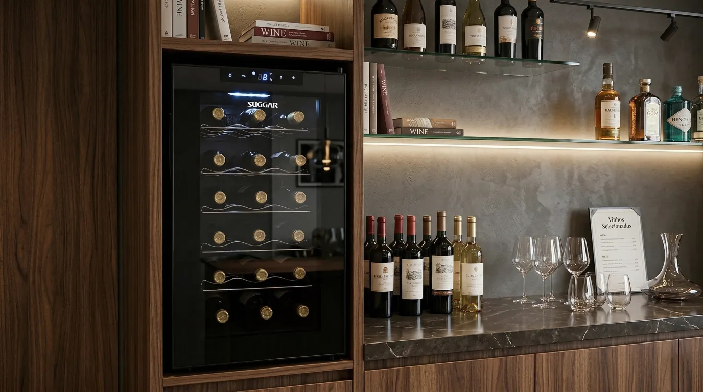 Adega Climatizada Suggar AD1811PT em bar residencial moderno com garrafas de vinho iluminadas