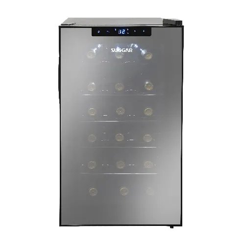 Adega Climatizada Suggar AD1811PT preta com porta espelhada, garrafas de vinho internas e LEDs iluminados