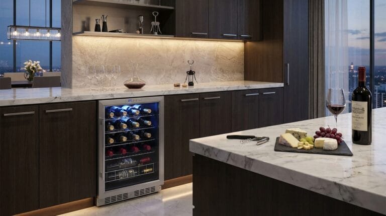 Adega Climatizada Suggar Toulouse AD27IX em cozinha moderna com garrafas iluminadas por LED