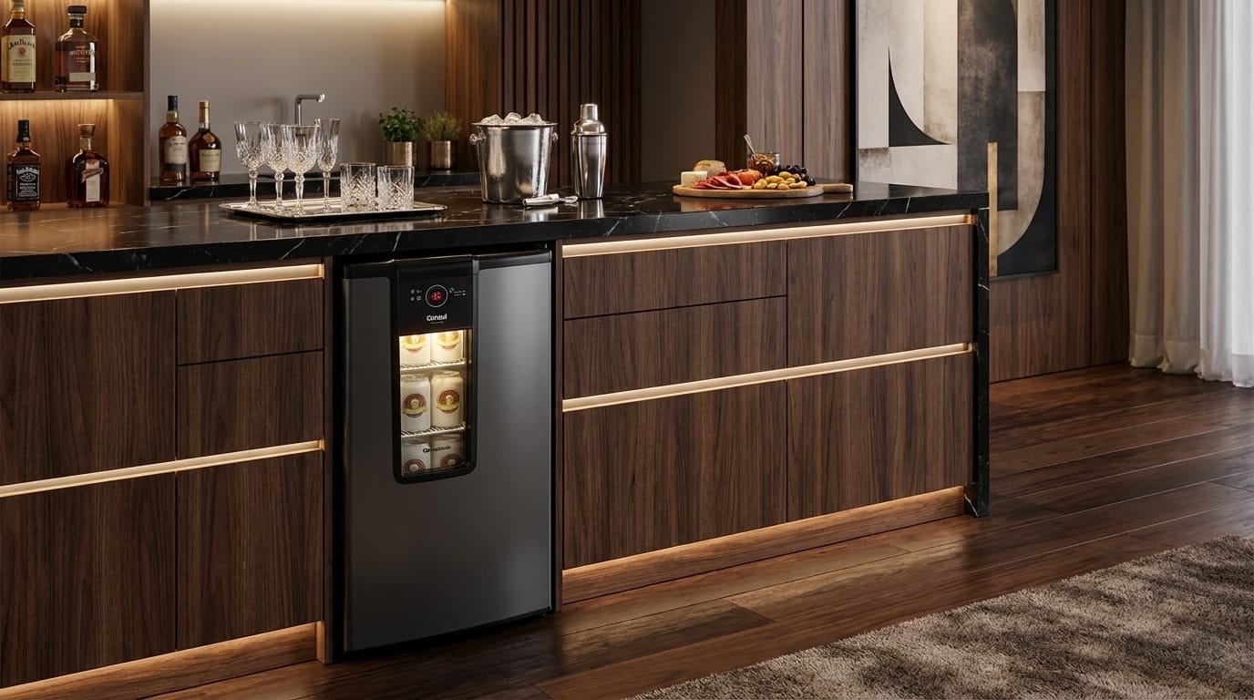 Cervejeira Consul CZD12AT em cozinha moderna com latinhas iluminadas