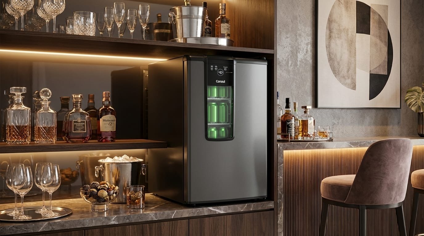Cervejeira Electrolux EB100 em home bar moderno com latas geladas e iluminação LED suave.
