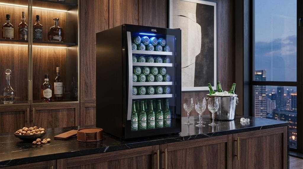 Cervejeira EOS ECE101 em home bar moderno com garrafas iluminadas