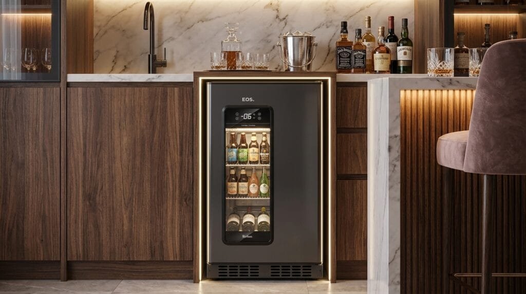 Cervejeira EOS ECE110 em balcão de bar moderno com bebidas geladas iluminadas