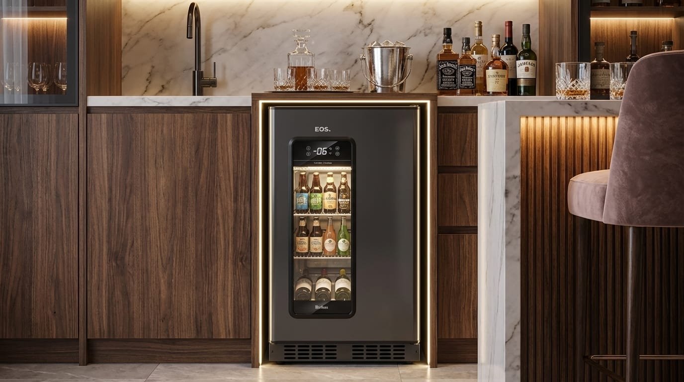 Cervejeira EOS ECE110 em balcão de bar moderno com bebidas geladas iluminadas