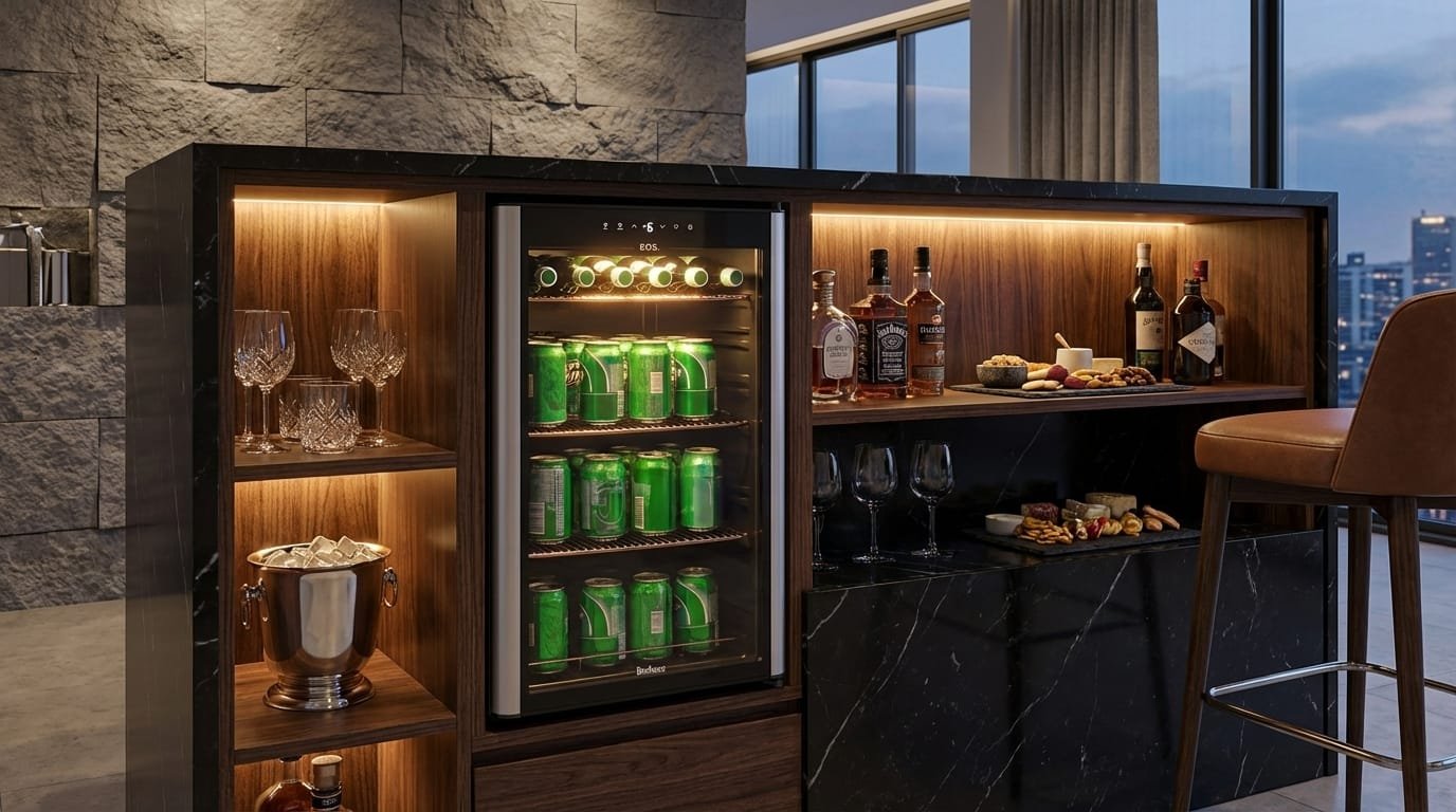 Cervejeira EOS ECE80 em balcão de bar moderno com bebidas geladas expostas