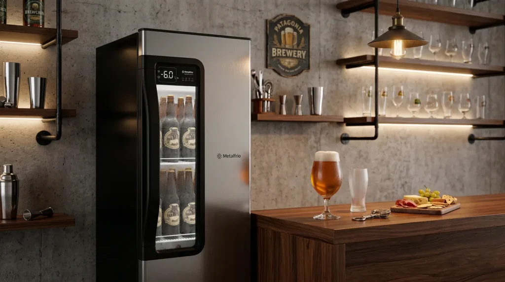 Cervejeira Metalfrio VN28TPB008 inox/preto em bar caseiro moderno com cervejas geladas