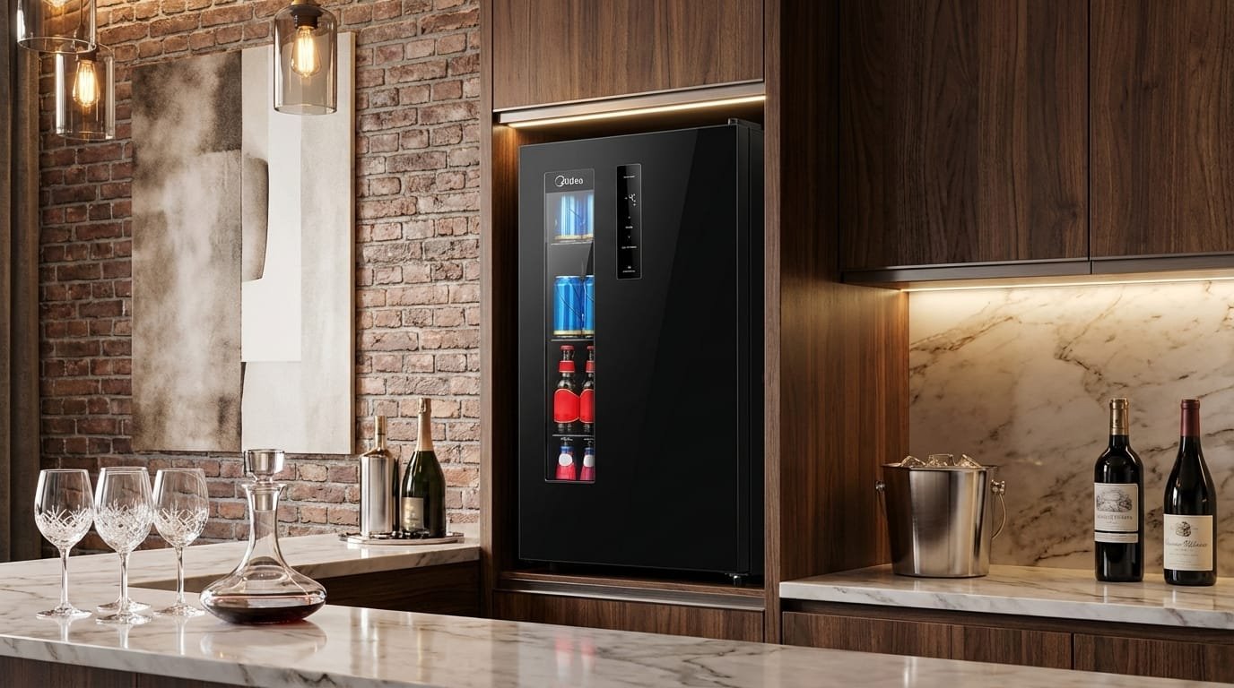 Cervejeira Midea MDRX150FGGDX em área gourmet moderna com cervejas geladas