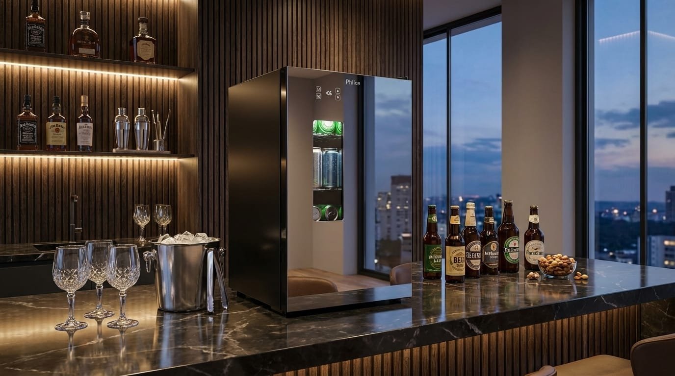 Cervejeira Philco PCV10A em home bar moderno com bebidas iluminadas por LED