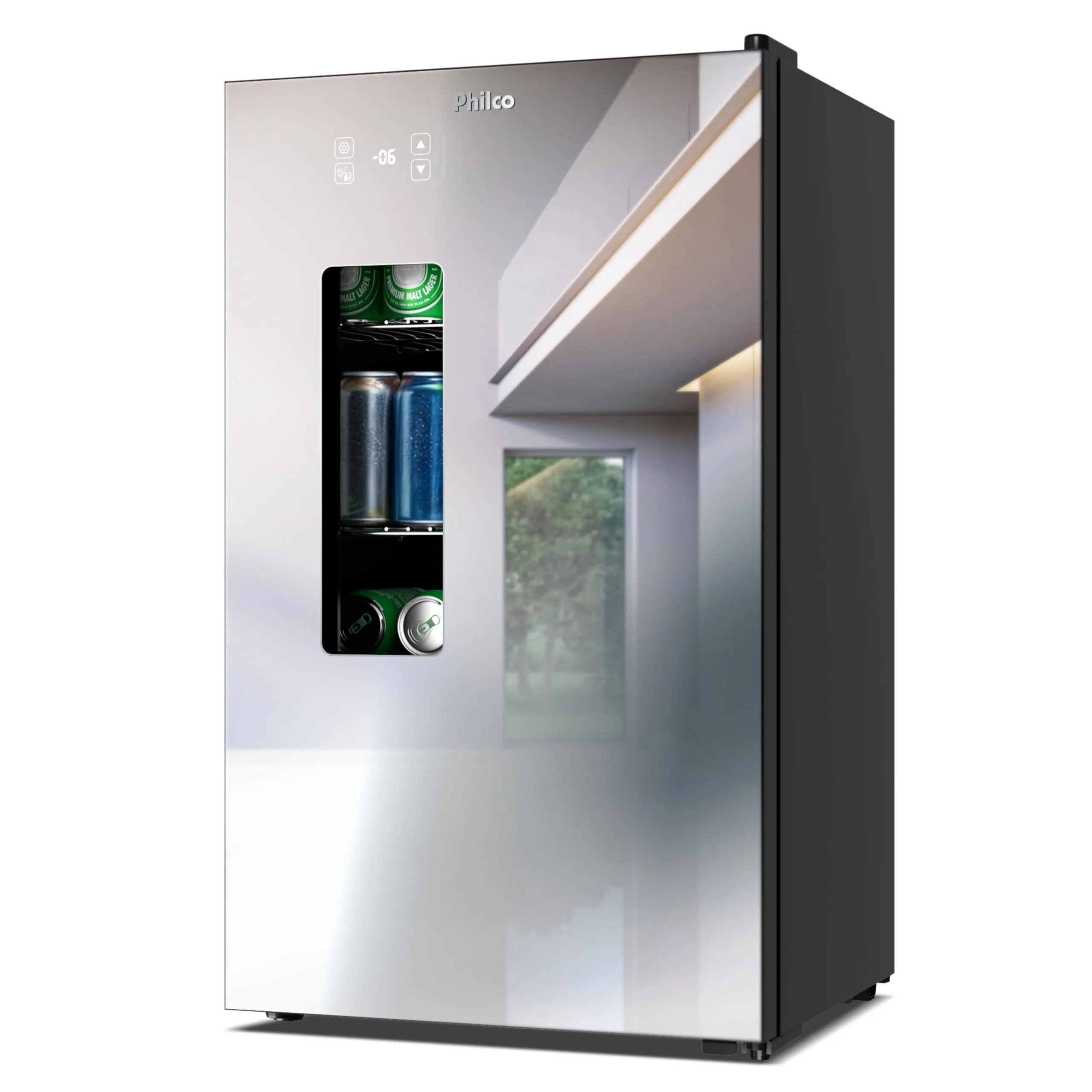 Cervejeira Philco PCV10A em home bar moderno com bebidas iluminadas por LED