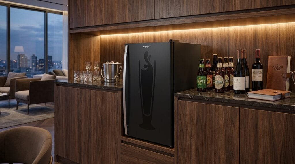 Cervejeira Venax Black 100L em cozinha moderna com LED azul aceso e garrafas de cerveja