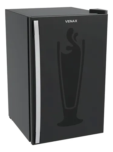 Cervejeira Venax Black 100L preta fosca com LED azul aceso e garrafas de cerveja