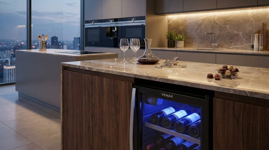 Cervejeira Venax Blue Light 100 em cozinha moderna com LED azul aceso e latas de cerveja expostas