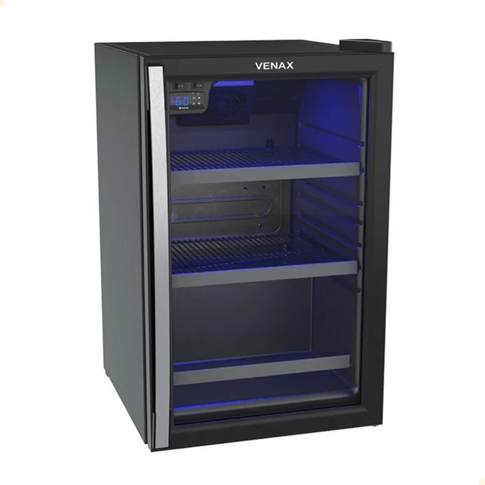 Cervejeira Venax Blue Light 100 preto fosco com porta vidro duplo e LED azul iluminando latas de cerveja