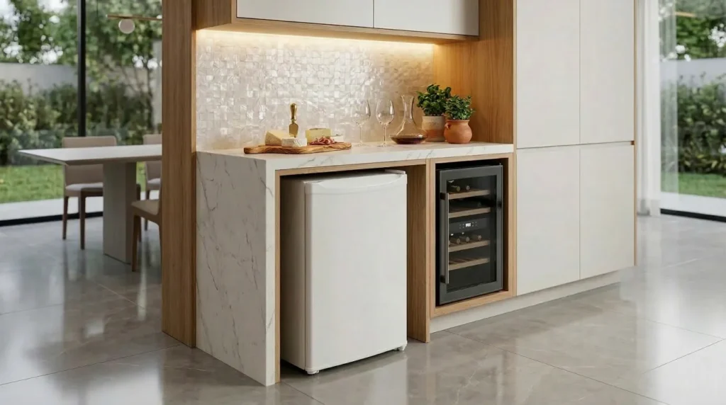 Frigobar Consul CRC08CBANA em cozinha compacta moderna com gaveta multiuso