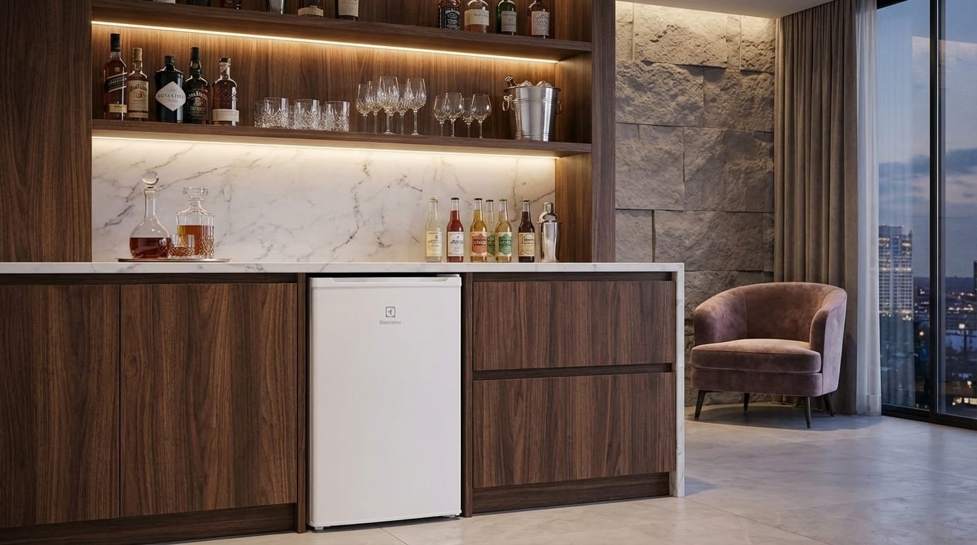 Frigobar Electrolux EM120 em cozinha moderna com bebidas e frutas organizadas