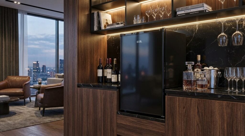 Frigobar EOS EFB131P em cozinha compacta moderna com garrafas geladas