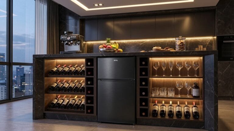 Frigobar EOS EFB140D preto duplex 88L em cozinha moderna minimalista