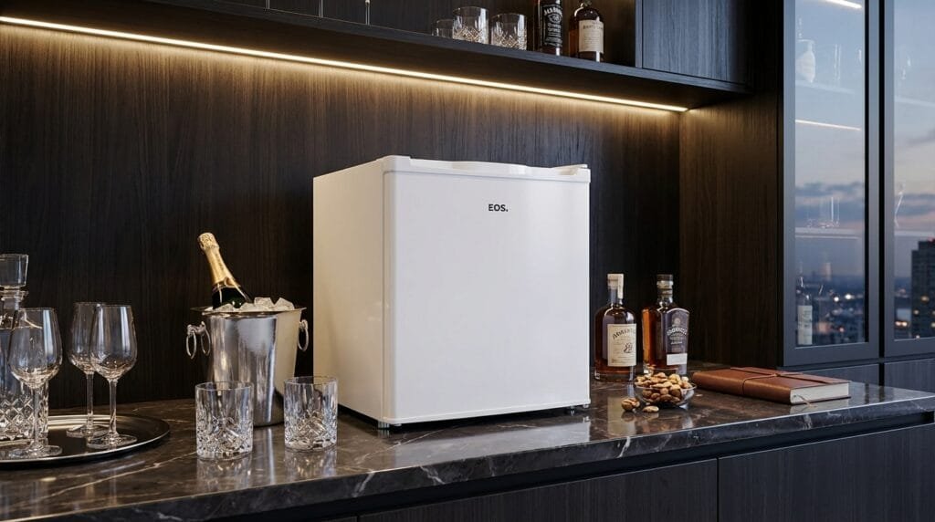 Frigobar EOS EFB50 em escritório moderno com bebidas geladas visíveis.