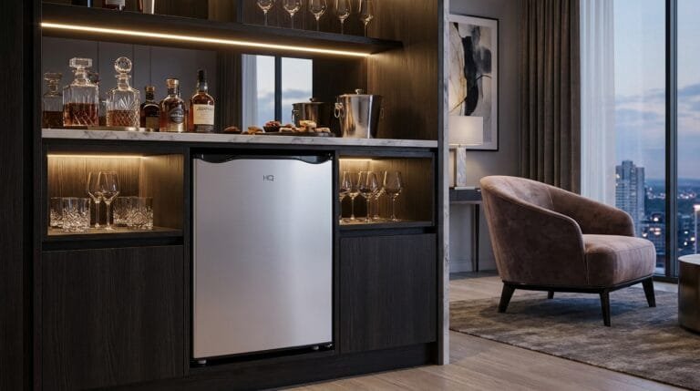 Frigobar HQ BC-52 cinza compacto em home office moderno com bebidas geladas