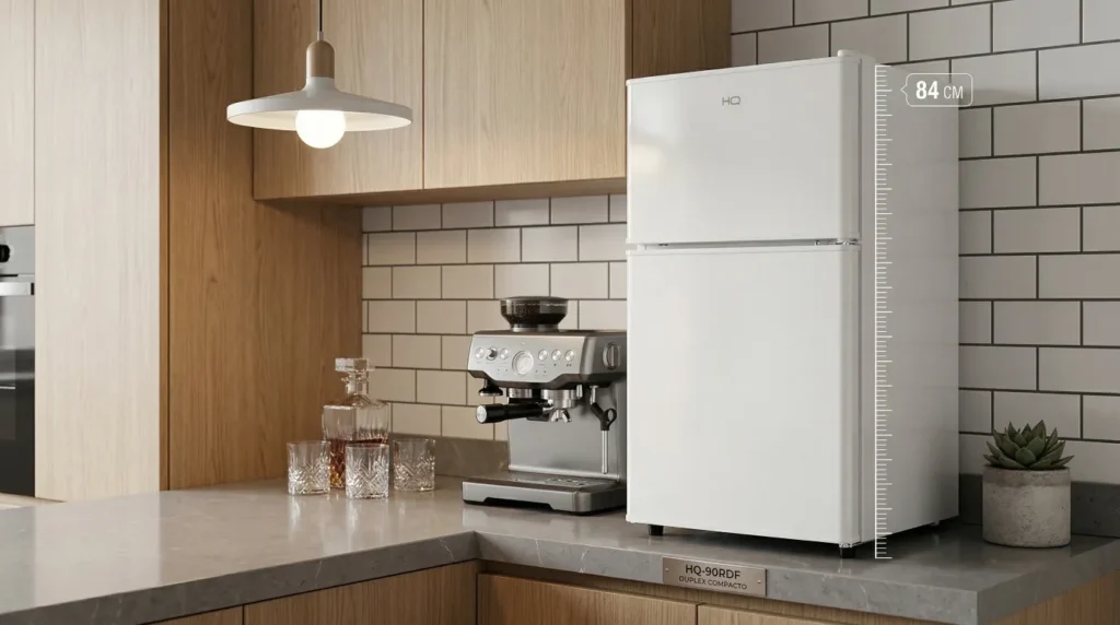 Frigobar HQ HQ-90RDF em cozinha moderna compacta com portas duplex