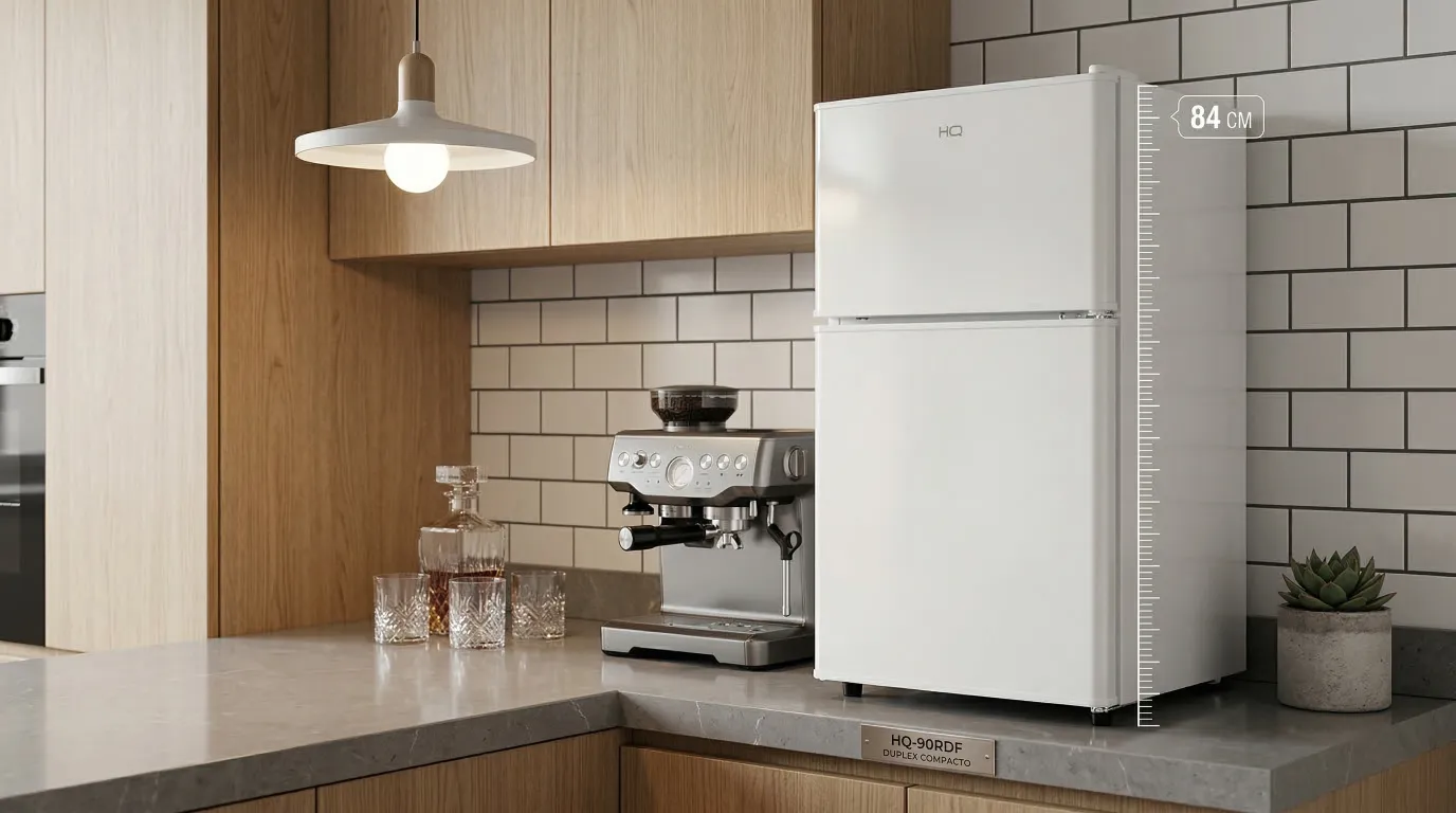 Frigobar HQ HQ-90RDF em cozinha moderna compacta com portas duplex