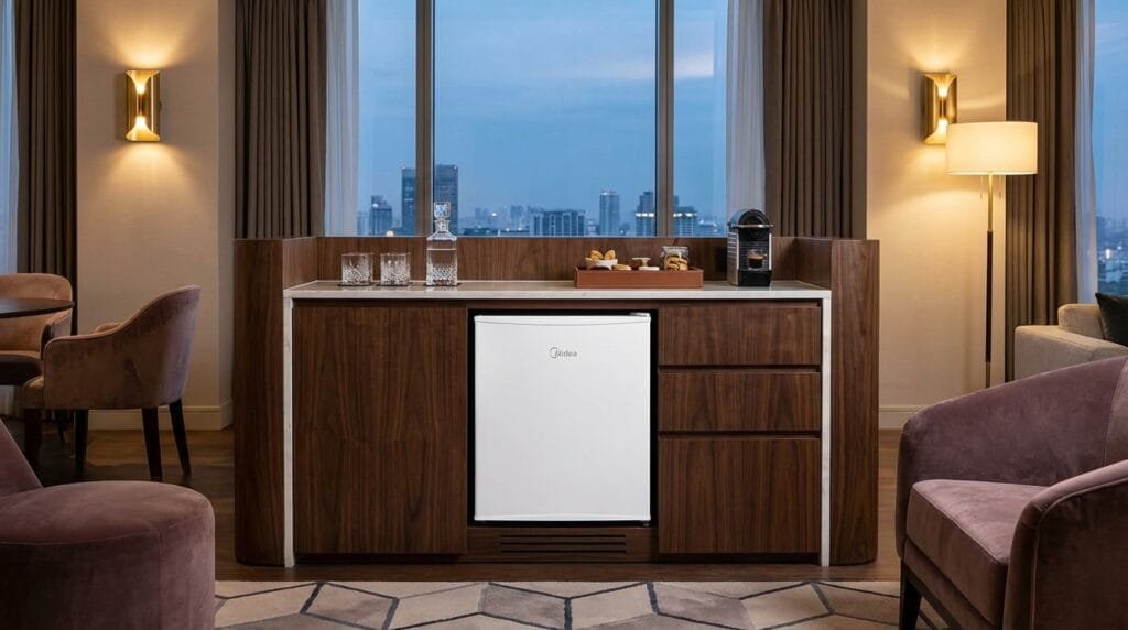 Frigobar Midea MRC06B1 em quarto moderno com bebidas geladas
