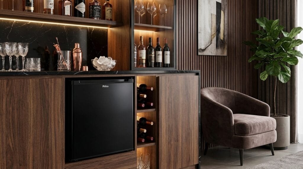 Frigobar PHILCO PFG50P em quarto moderno com bebidas geladas