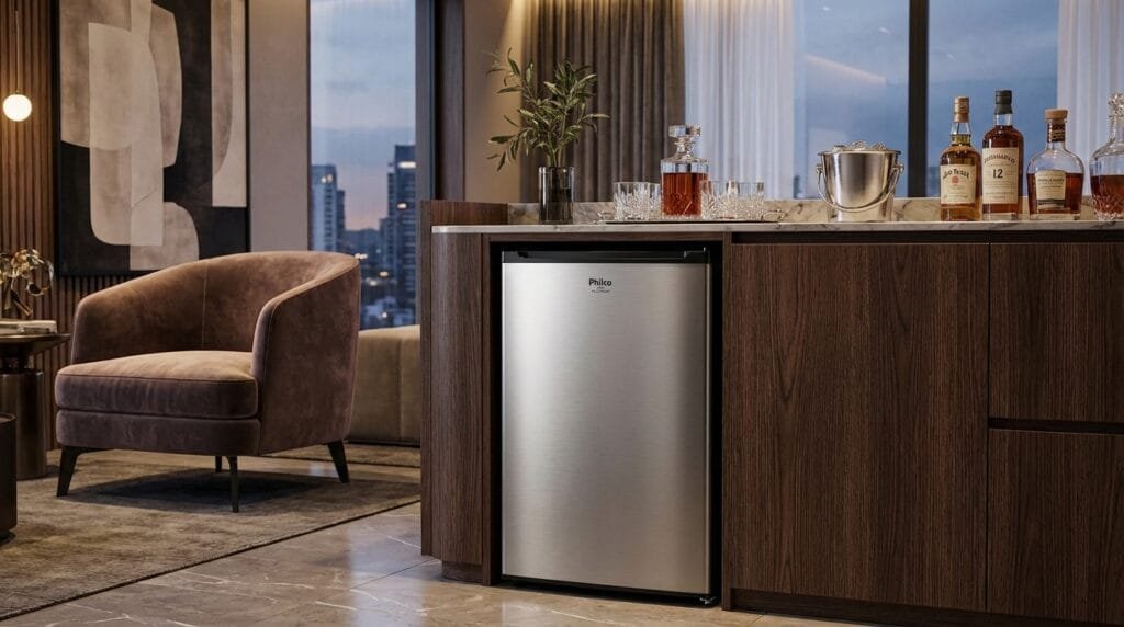 Frigobar Philco PH85PL em cozinha moderna compacta com bebidas organizadas.
