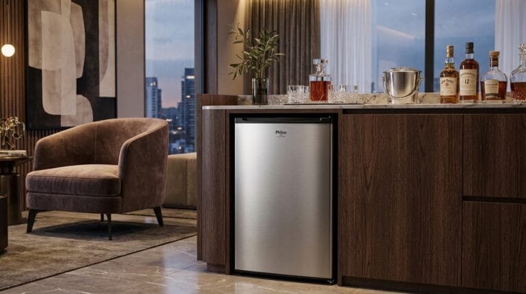 Frigobar Philco PH85PL em cozinha moderna compacta com bebidas organizadas.